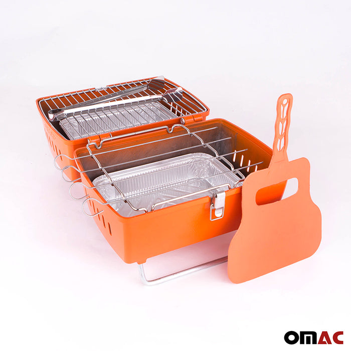 Orange Portable Charcoal BBQ Grill Outdoor Camping 13 Pcs with Durable Bag SET