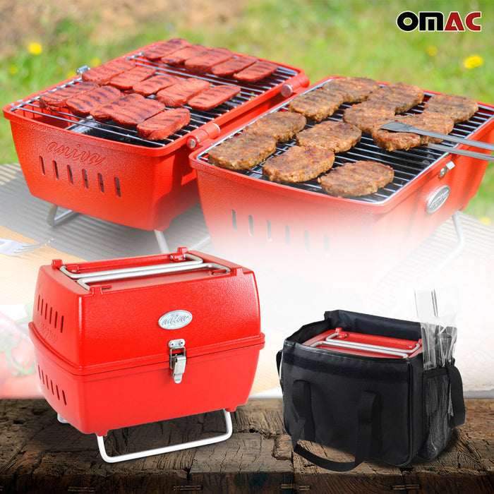Red Portable Charcoal BBQ Grill Outdoor Camping 13 Pcs With Durable Bag SET