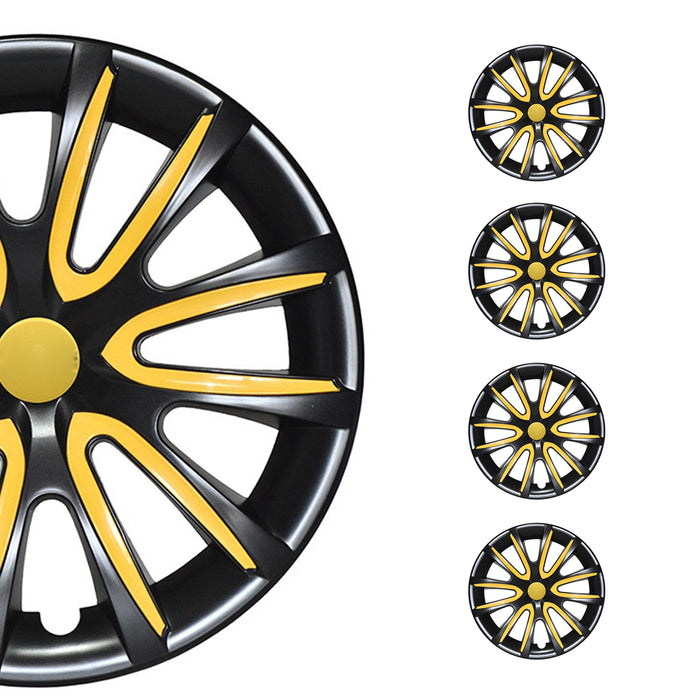 15" Inch Hubcaps Wheel Rim Cover Glossy Black with Yellow Insert 4pcs Set