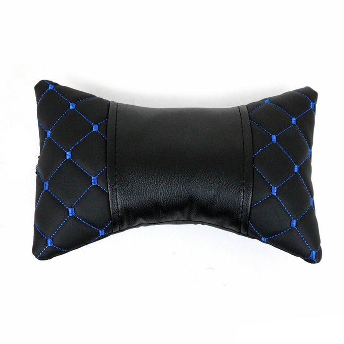 1x Car Seat Neck Pillow Head Shoulder Rest Pad PU Leather Black Blue Stitches