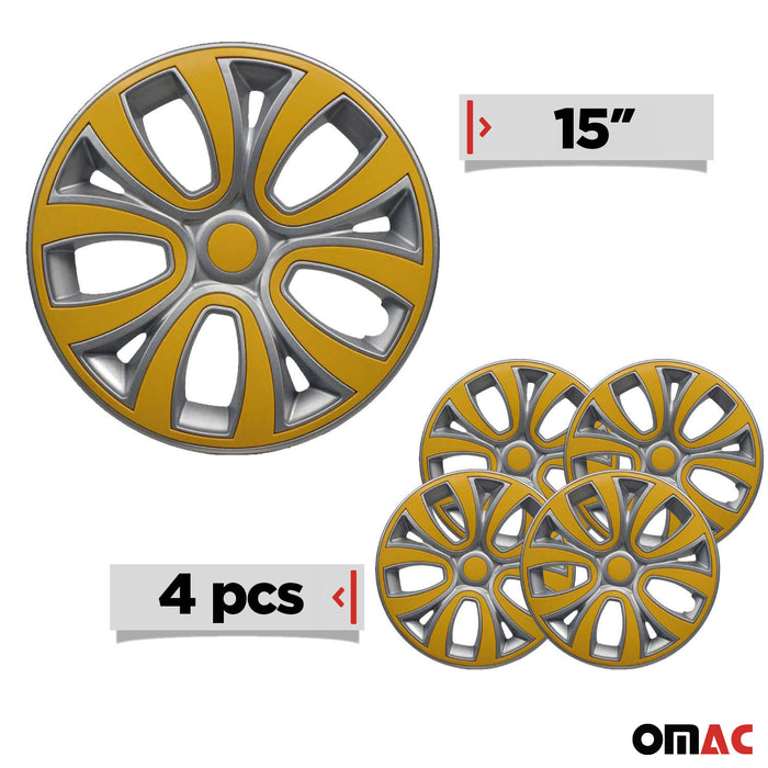 15 Inch Hubcaps Wheel Rim Cover Glossy Grey with Yellow Insert 4pcs Set