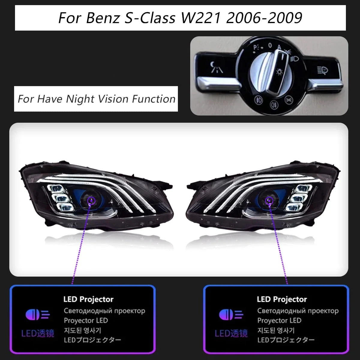 Mercedes-Benz S-Class W221 LED Headlight Assembly with DRL, Sequential Turn Signal & High / Low Beam 2006 - 2013