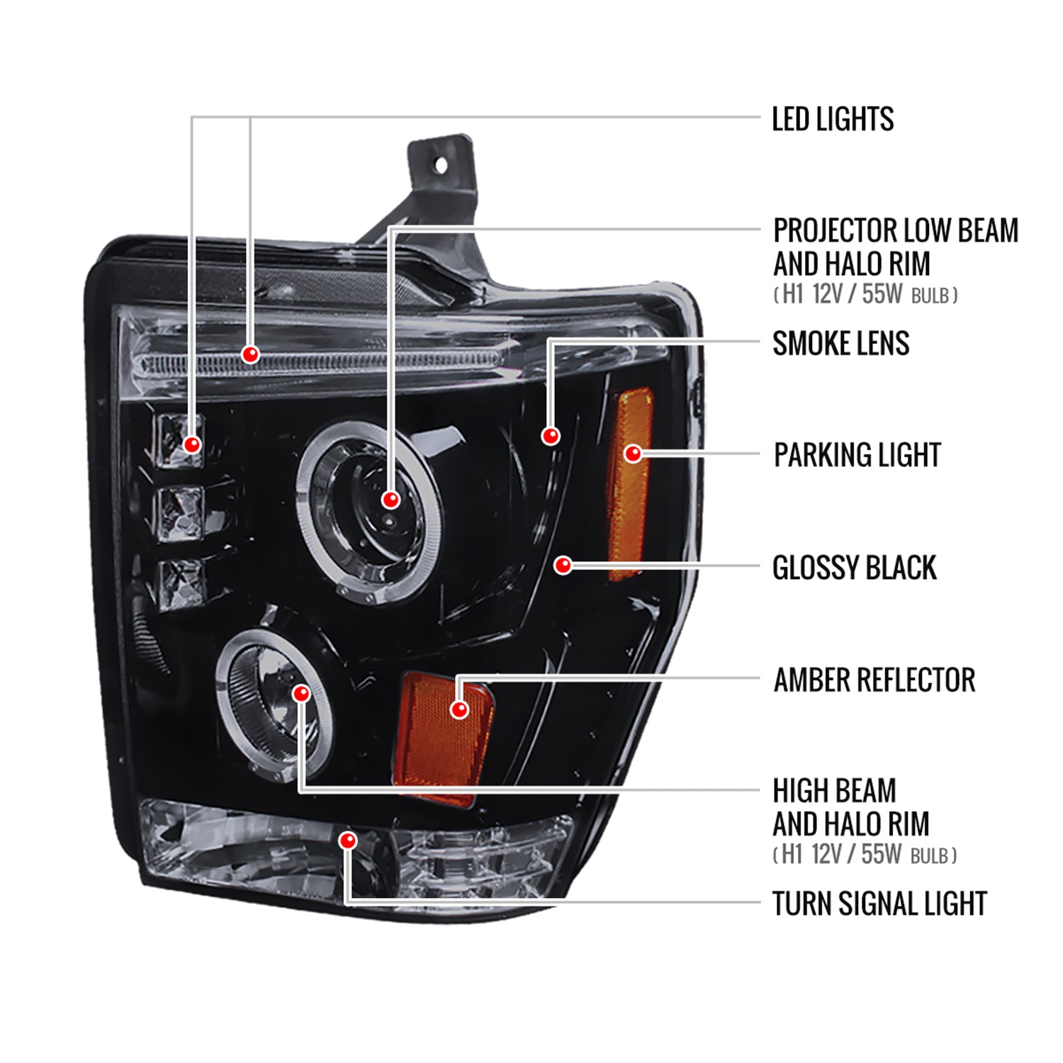 2008-2010 Ford F-250 F-350 F-450 Dual Halo Projector Headlights Black/Smoke