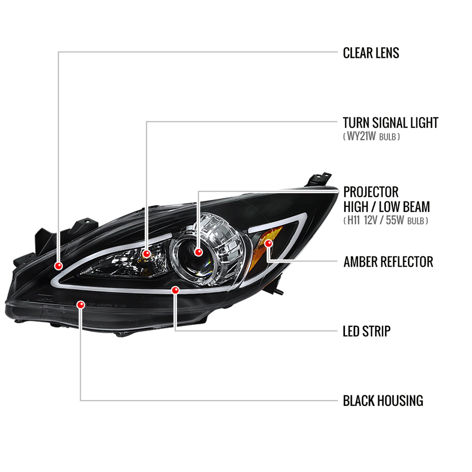 2010-2013 Mazda 3 Projector Headlights w/ LED Light Strip Matte Black/Clear