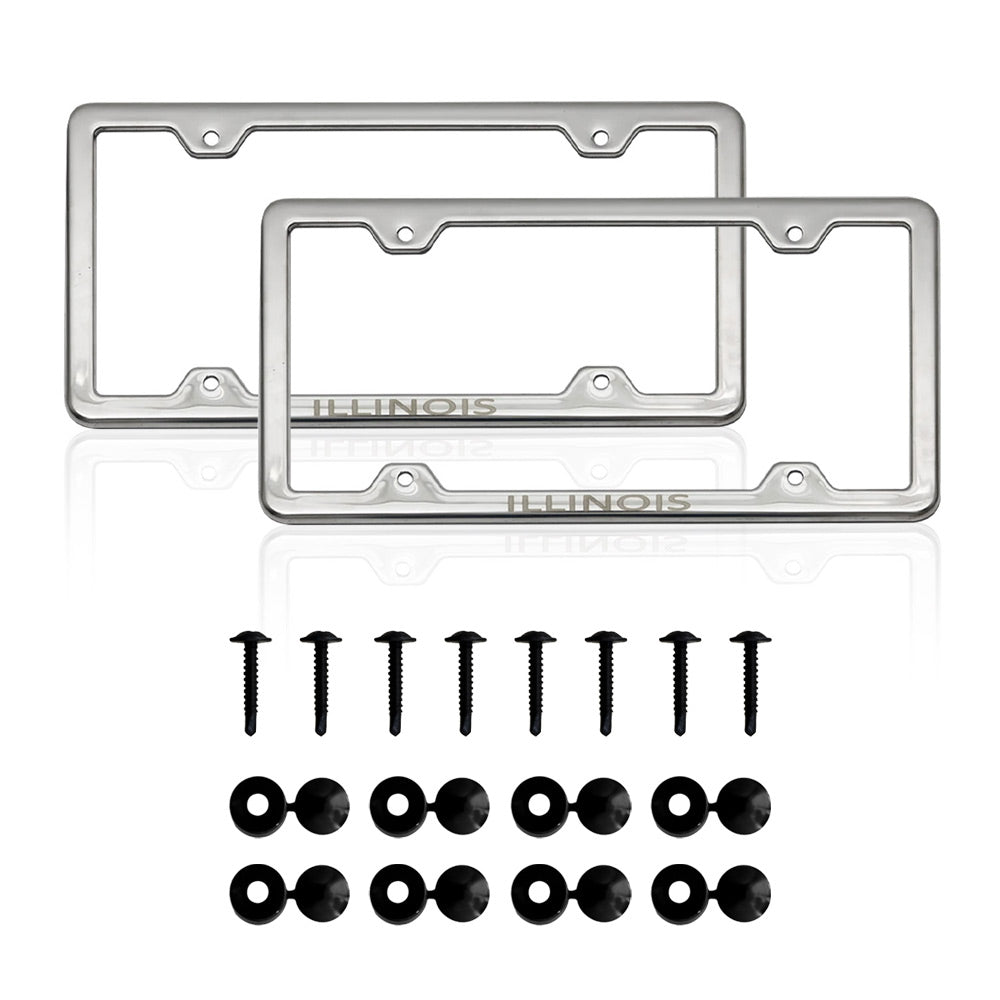 ILLINOIS Print License Plate Frame Tag Holder Chrome S. Steel Set 2 Pcs.