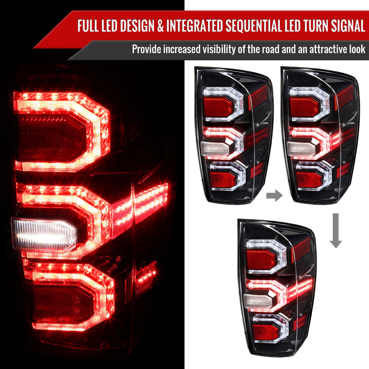 2016-2022 Toyota Tacoma Sequential Signal LED Tail Lights Jet Black/Clear Lens