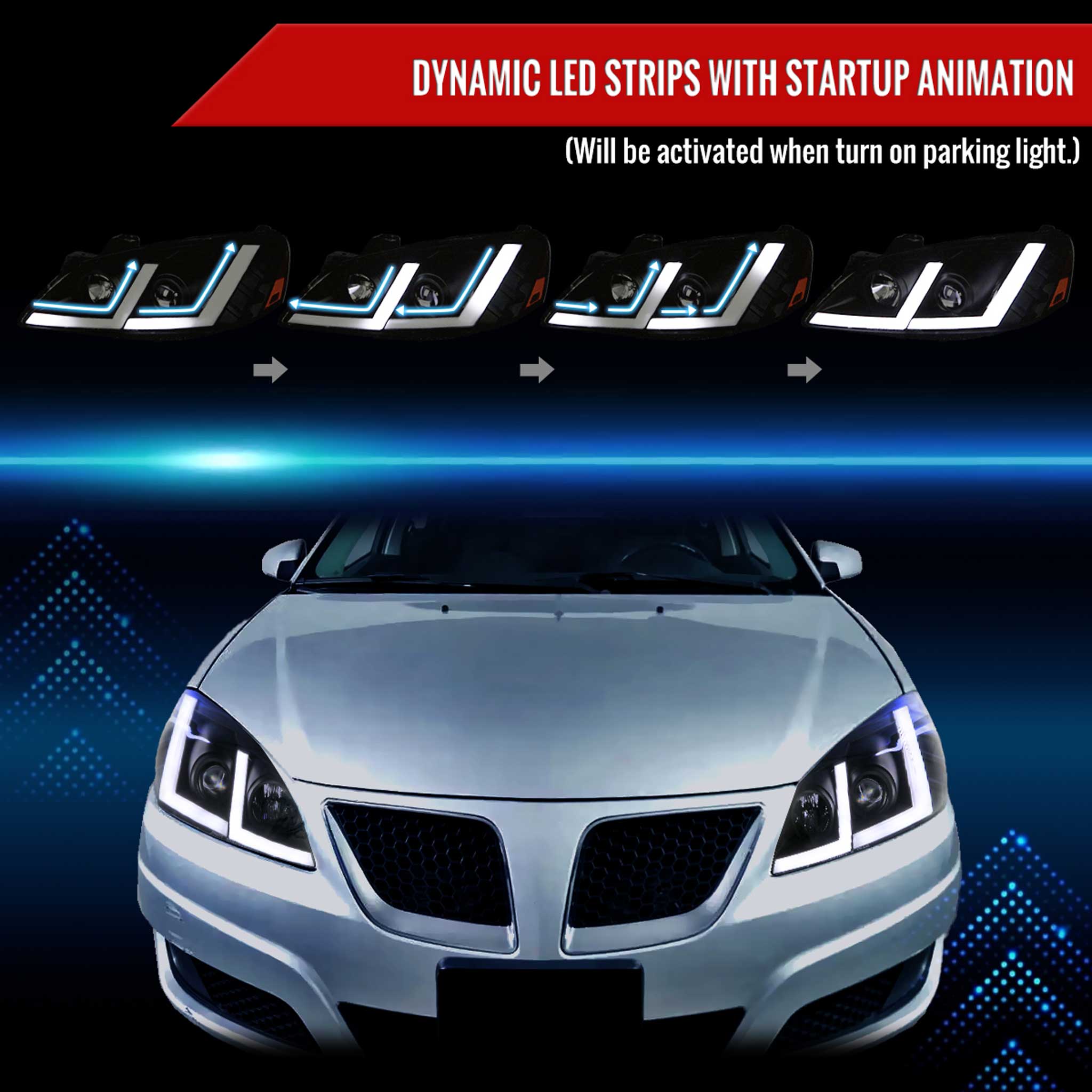 For Pontiac G6 2005-2010 Projector Headlights Sequential LED Strip Black Housing Smoked Lens Switchback