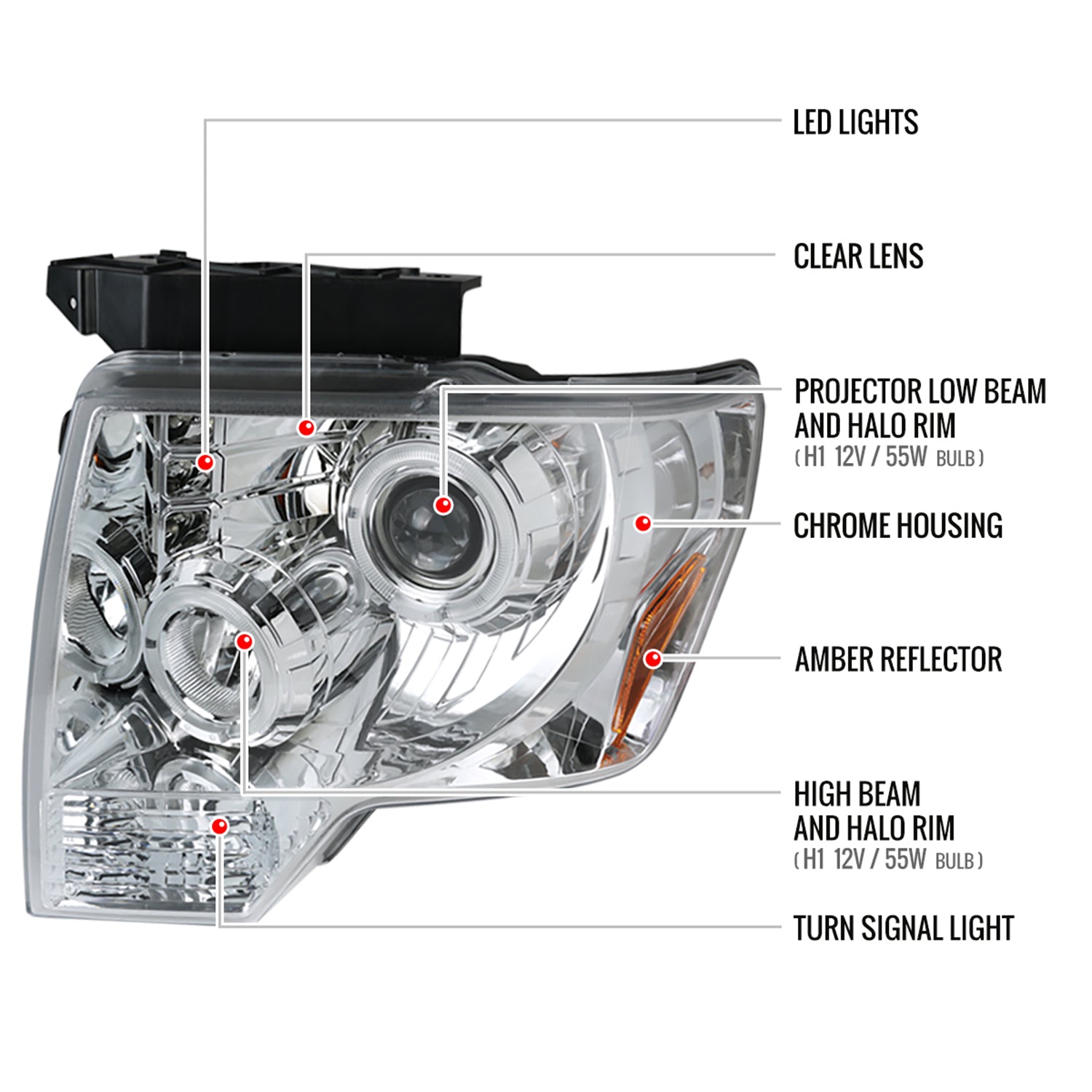 2009-2014 Ford F-150 Dual Halo Projector Headlights Chrome/Clear Lens