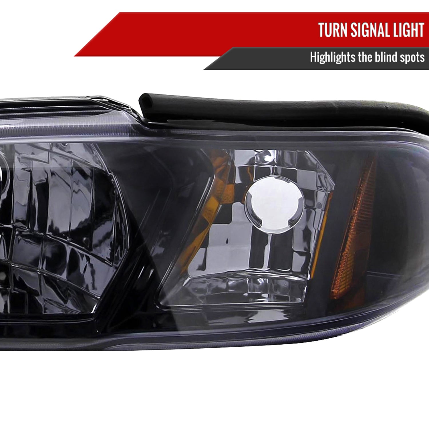 1994-1998 Ford Mustang 1PC Crystal Headlights w/Amber Reflectors Chrome/Smoke