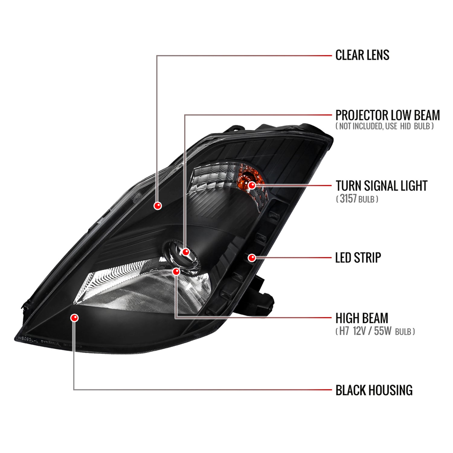 2003-2005 Nissan 350Z Projector Headlights Matte Black Housing/Clear Lens