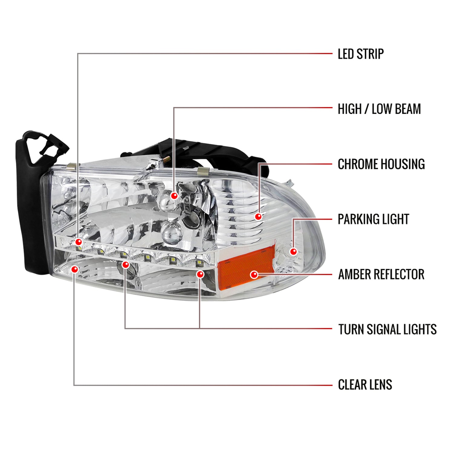 1997-2004 Dodge Dakota/ Durango LED Light Factory Crystal Headlights Chrome
