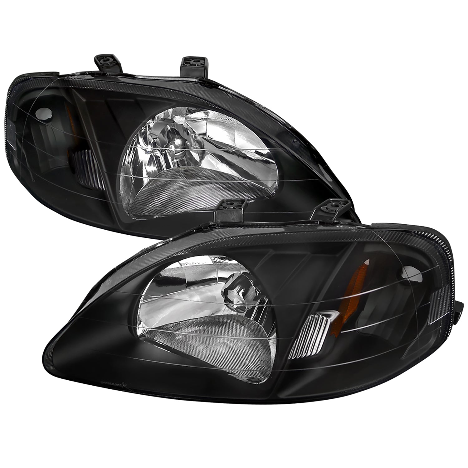 1999-2000 Honda Civic Crystal Headlights w/ Amber Reflector Matte Black/Clear