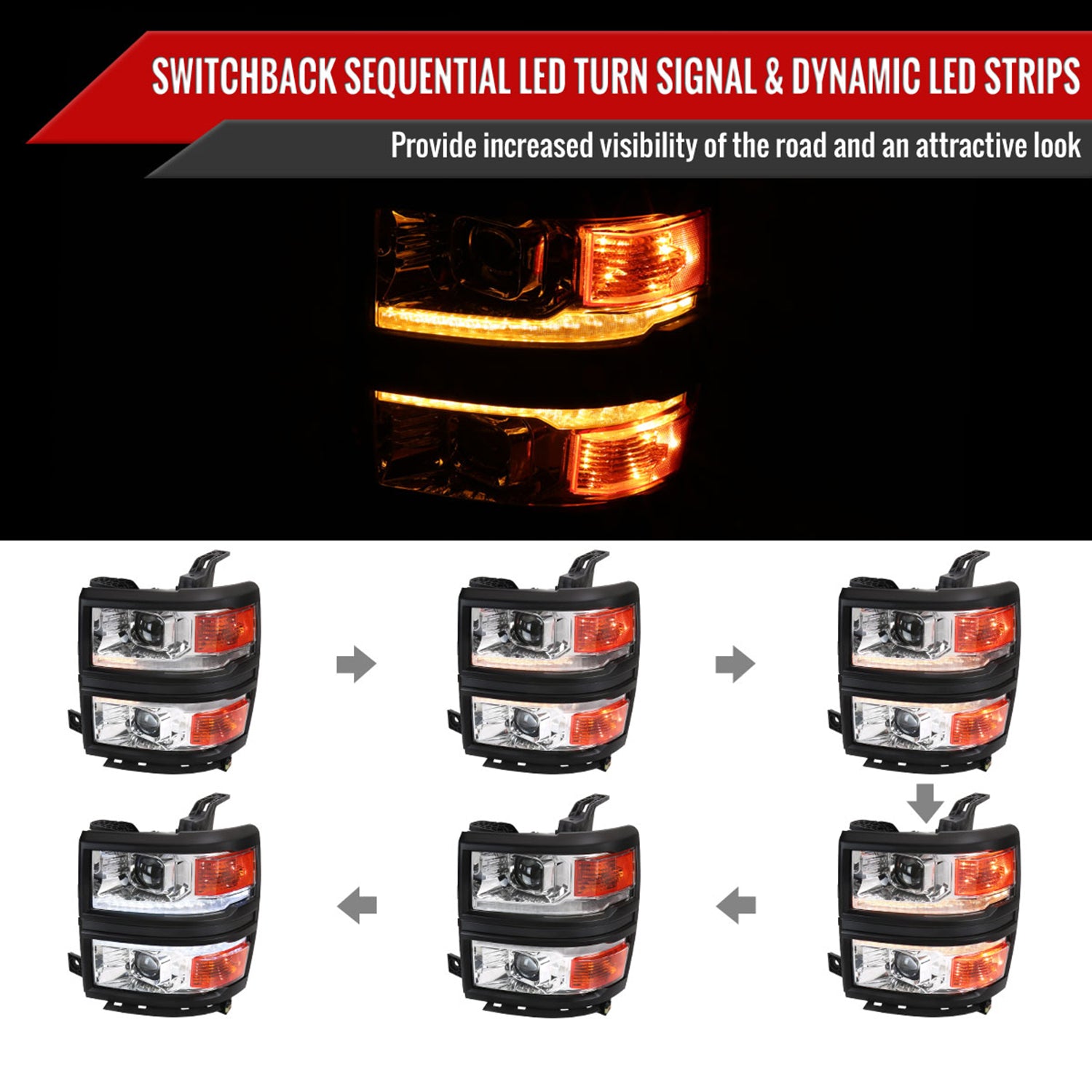 2014-2015 Chevy Silverado 1500 LED Bar Projector Headlights Chrome/Black Trim