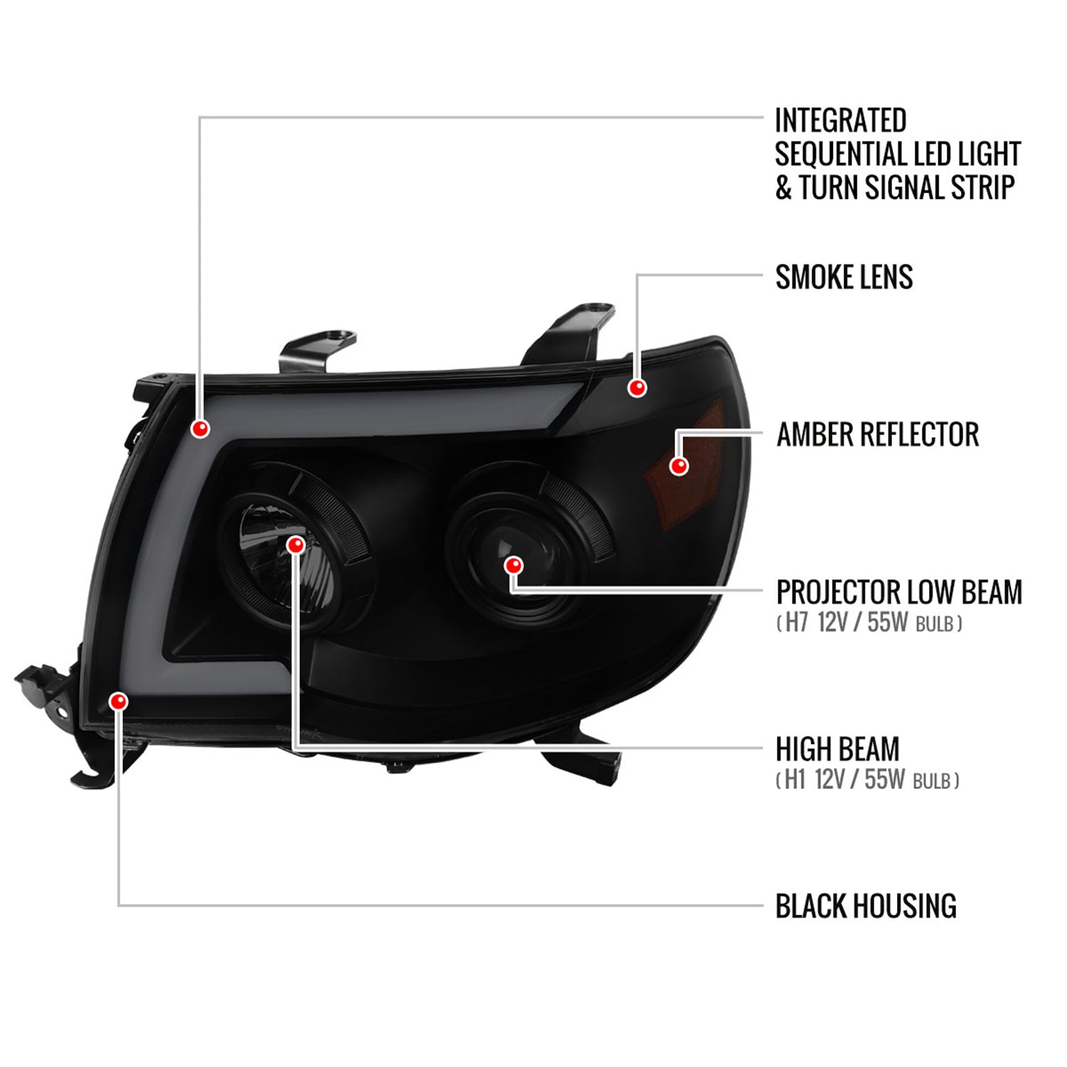 2005-2011 Toyota Tacoma LED Bar Projector Headlights Turn Signal Black Smoke