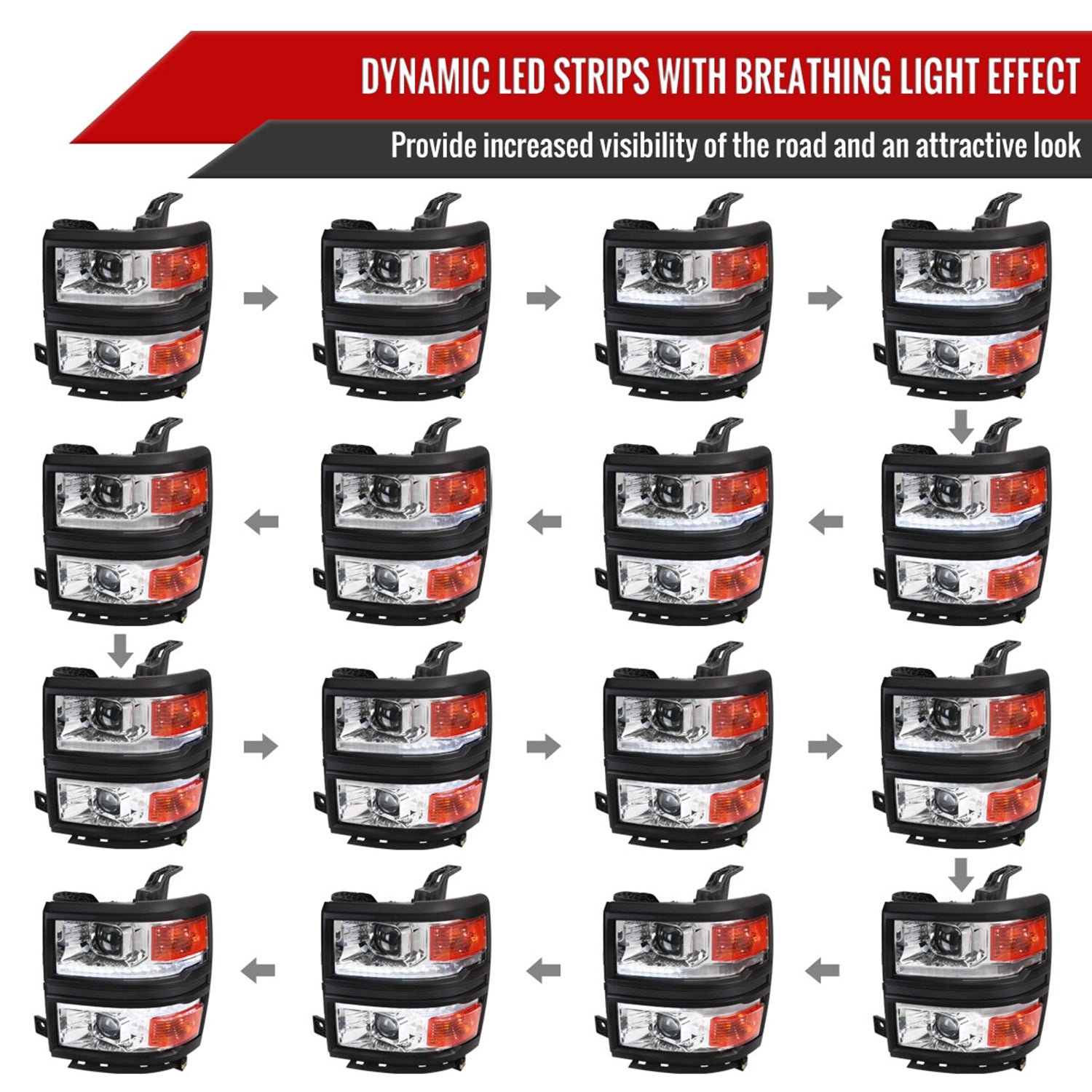 2014-2015 Chevy Silverado 1500 LED Bar Projector Headlights Chrome/Black Trim