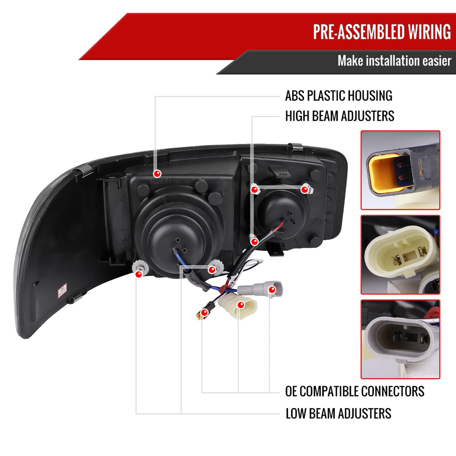 2000-2006 GMC Sierra/Denali/Yukon LED Strip Projector Headlights Glossy Black