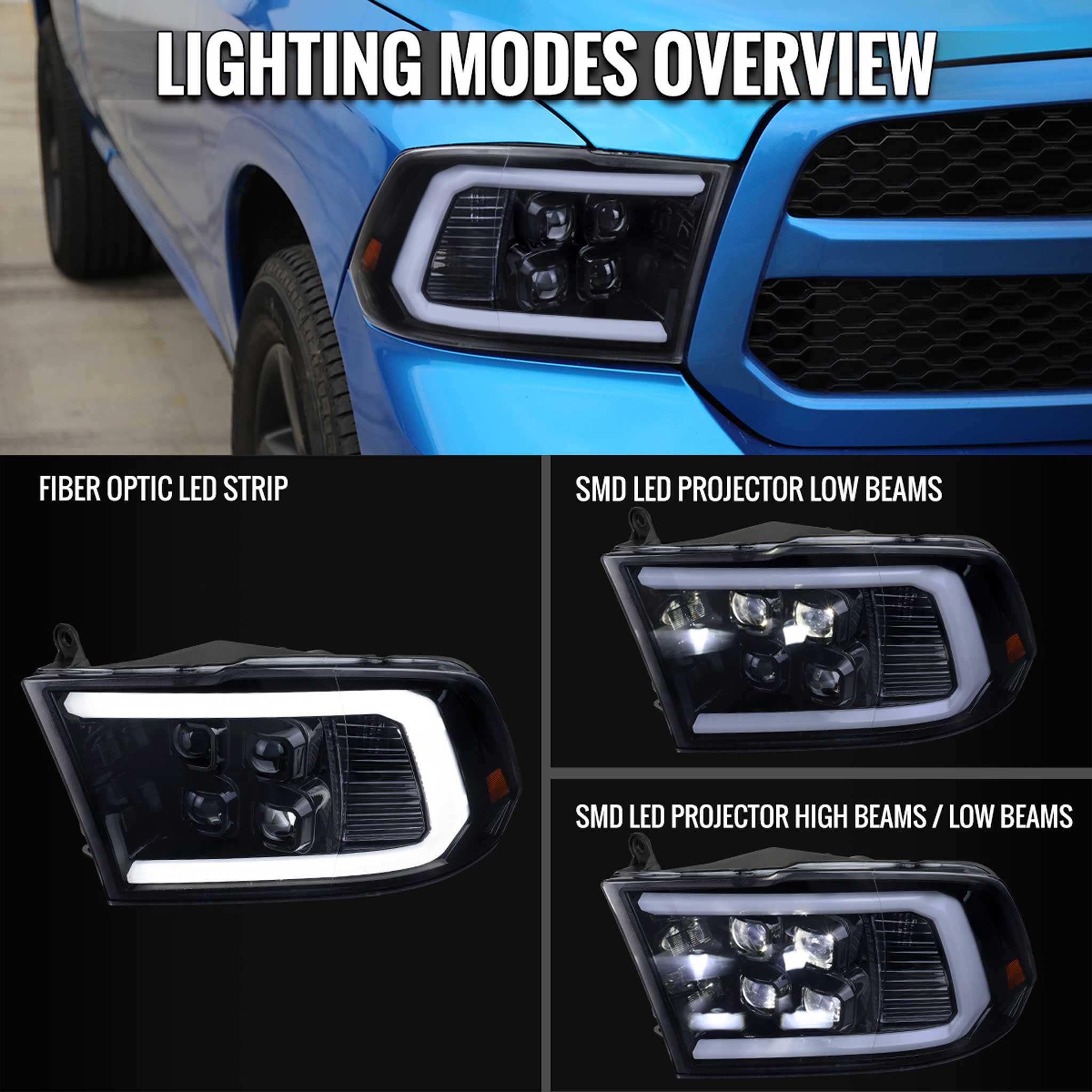 For Dodge RAM 1500 2009-18 / RAM Classic 2019 / 2500 3500 2010-18 LED Bar Turn Signal Projector Headlights Glossy Black Housing Smoked Lens