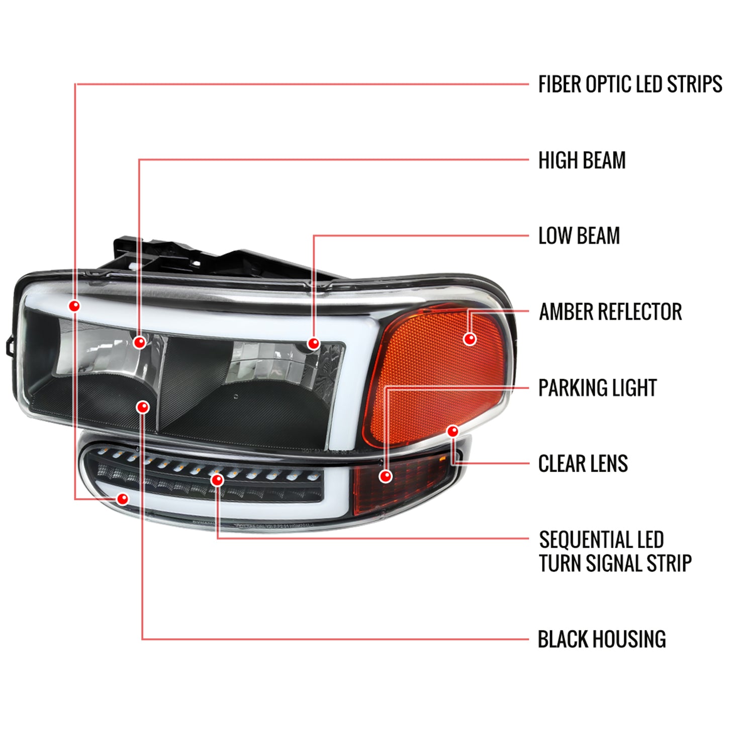 1999-2006 GMC Sierra Sierra Yukon/XL Headlights LED Signal Bumper Lights Black