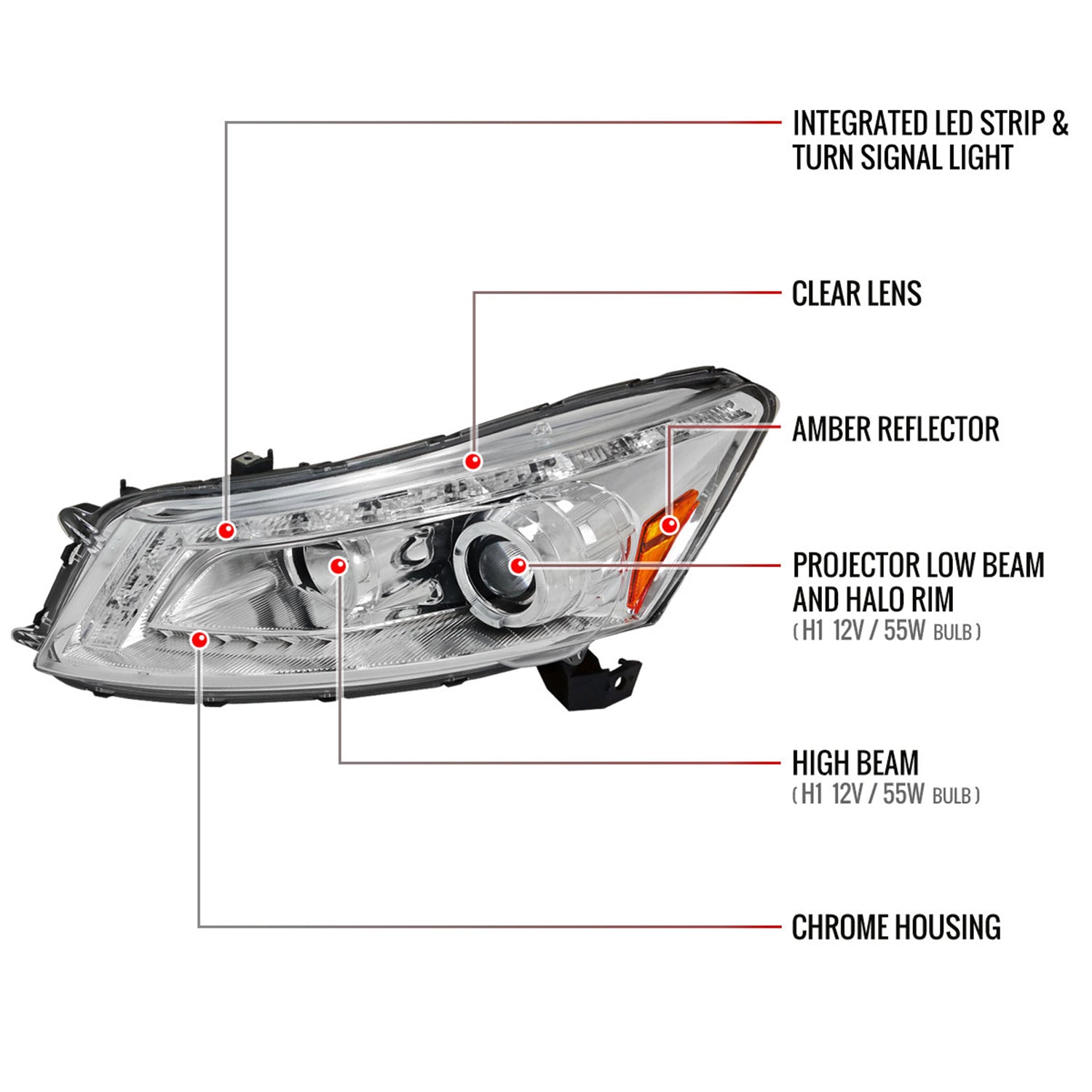 2008-2012 Honda Accord Sedan Single Halo Headlights LED Light& Signal Chrome
