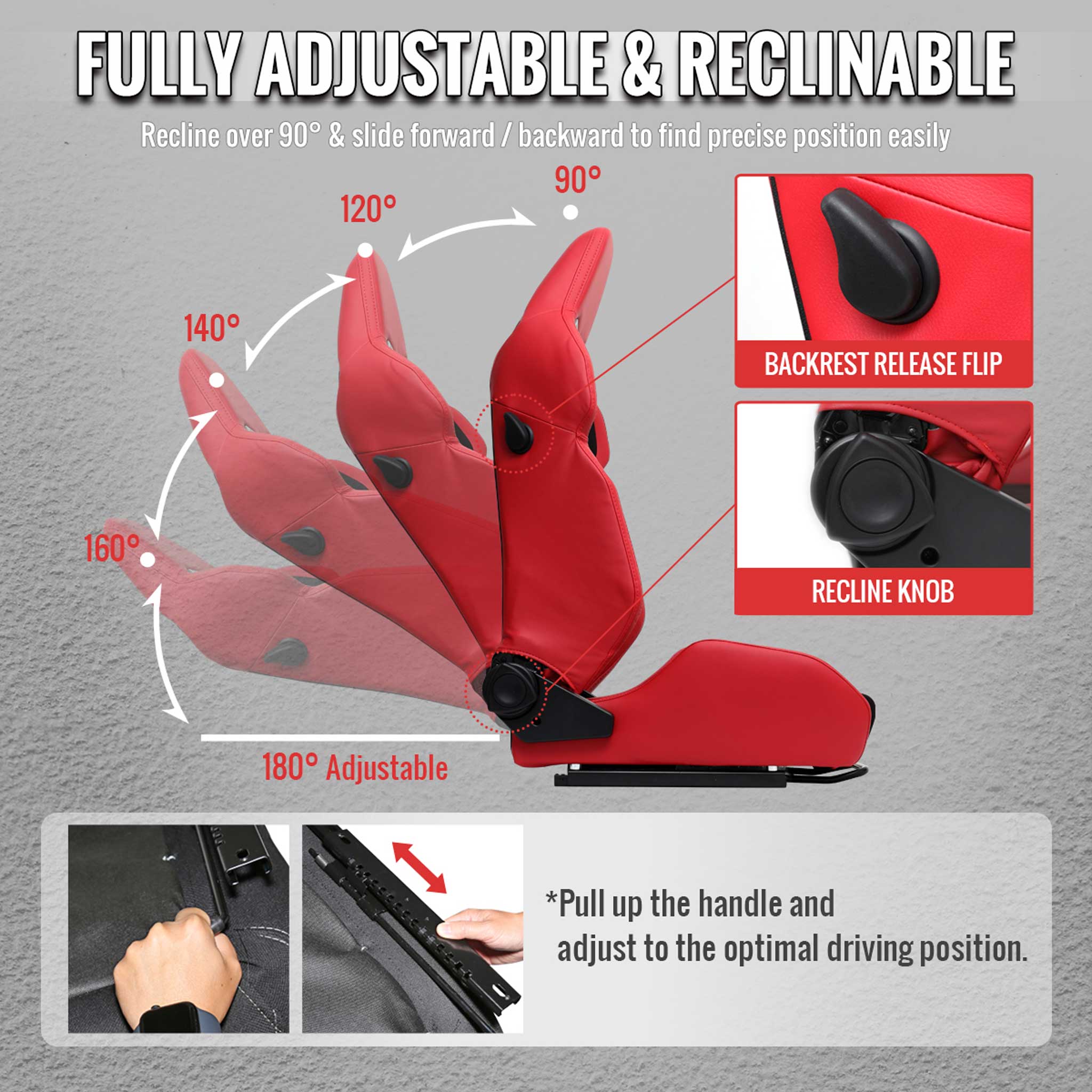 Universal Racing Seat Red Pu Leather Charcoal Gray Suede With Double Red Stitch