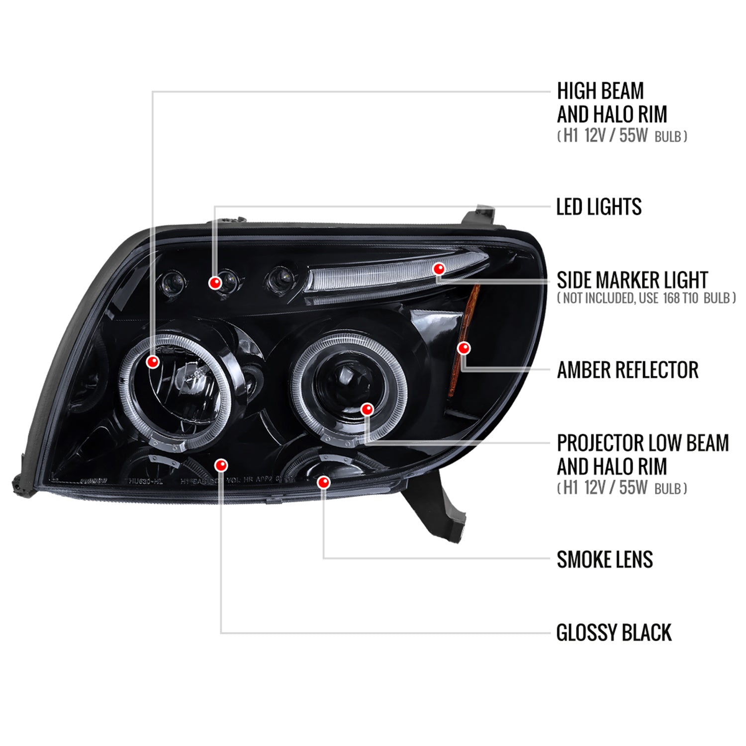 2003-2005 Toyota 4Runner Dual Halo Projector Headlights Glossy Black/Smoke
