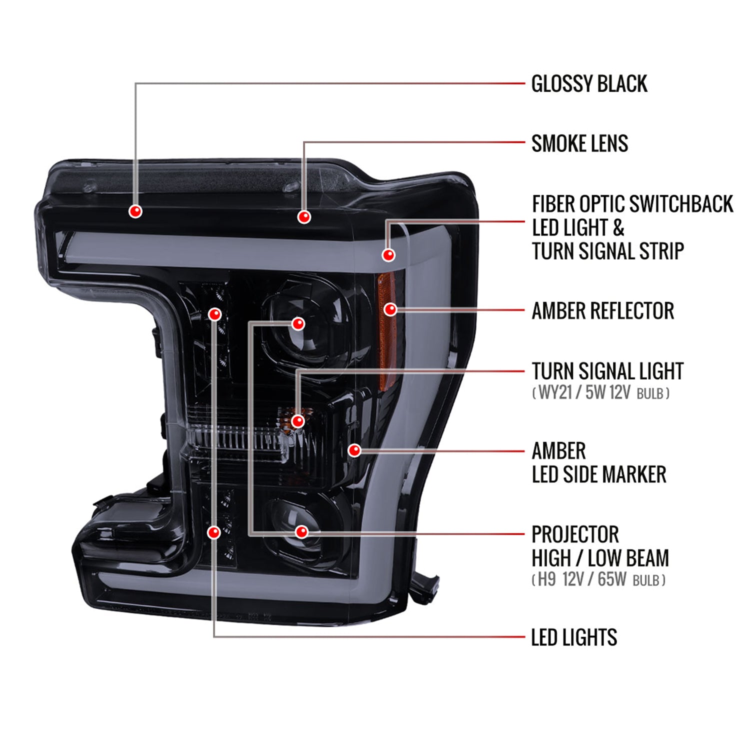 2017-2019 Ford F-250 F-350 F-450 F-550 LED C-Bar Projector Headlights Black
