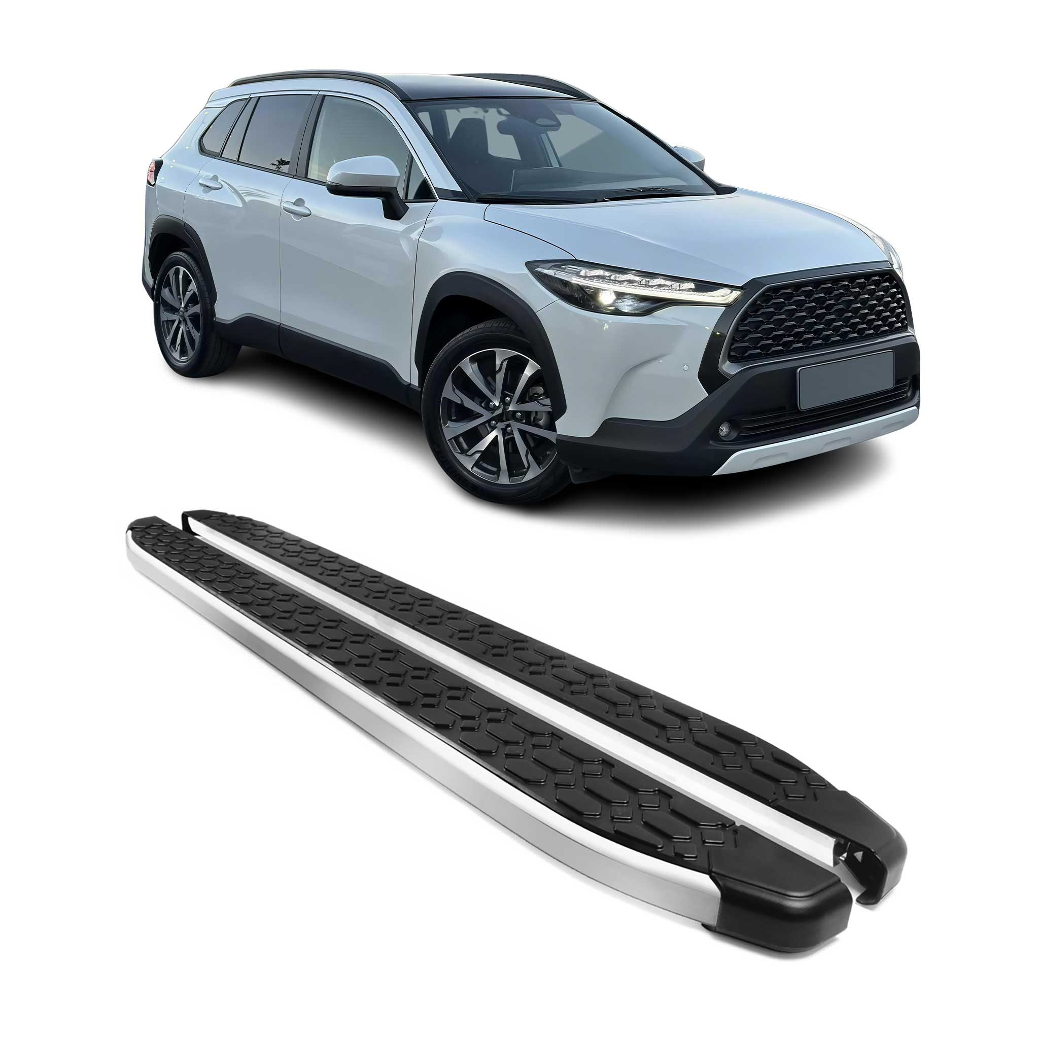 2022-2026 Toyota Corolla Cross Running Boards Side Steps Silver & Black