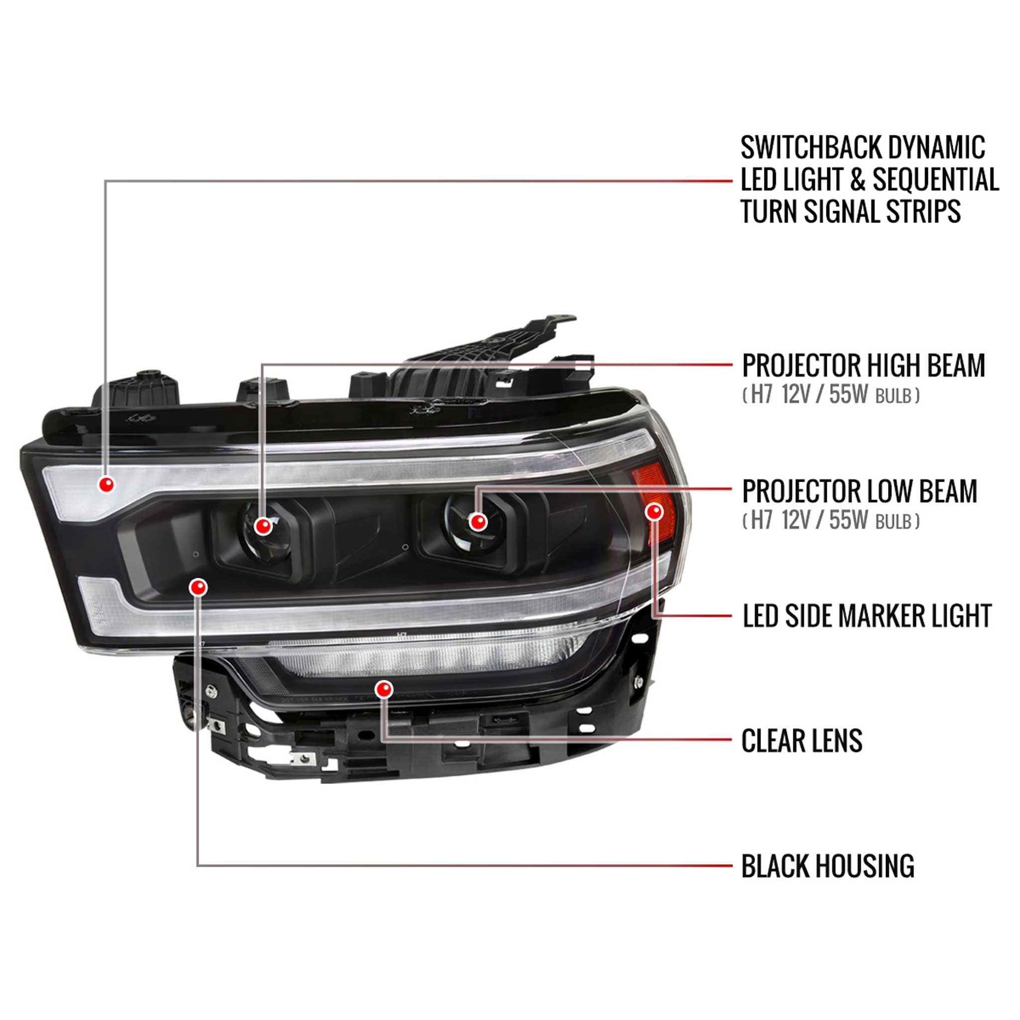 For Dodge RAM 2500 3500 5000 5500 2019-2024 Switchback LED Turn Signal Projector Headlights Matte Black Housing Clear Lens