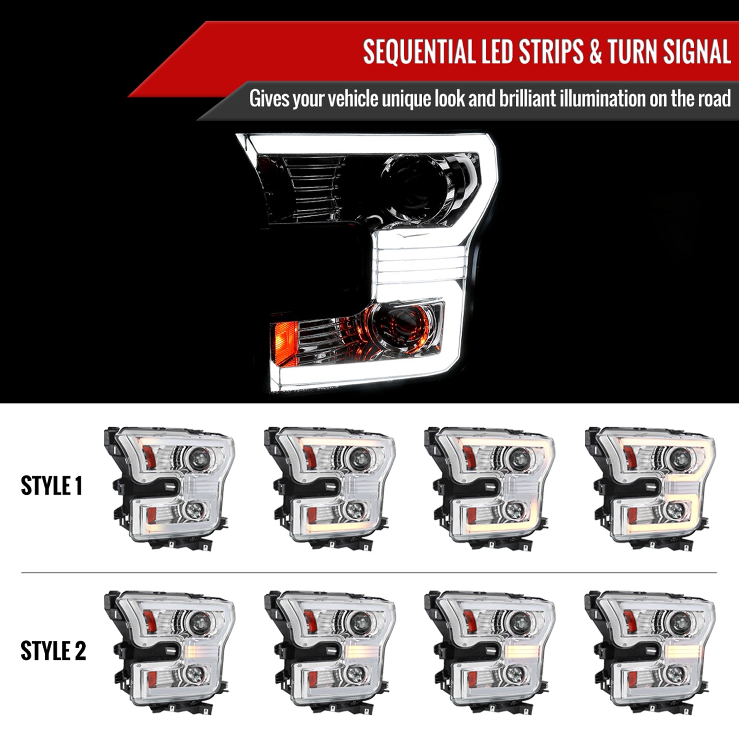 2015-2017 Ford F-150 LED Bar Projector Headlights Turn Signals Chrome / Clear