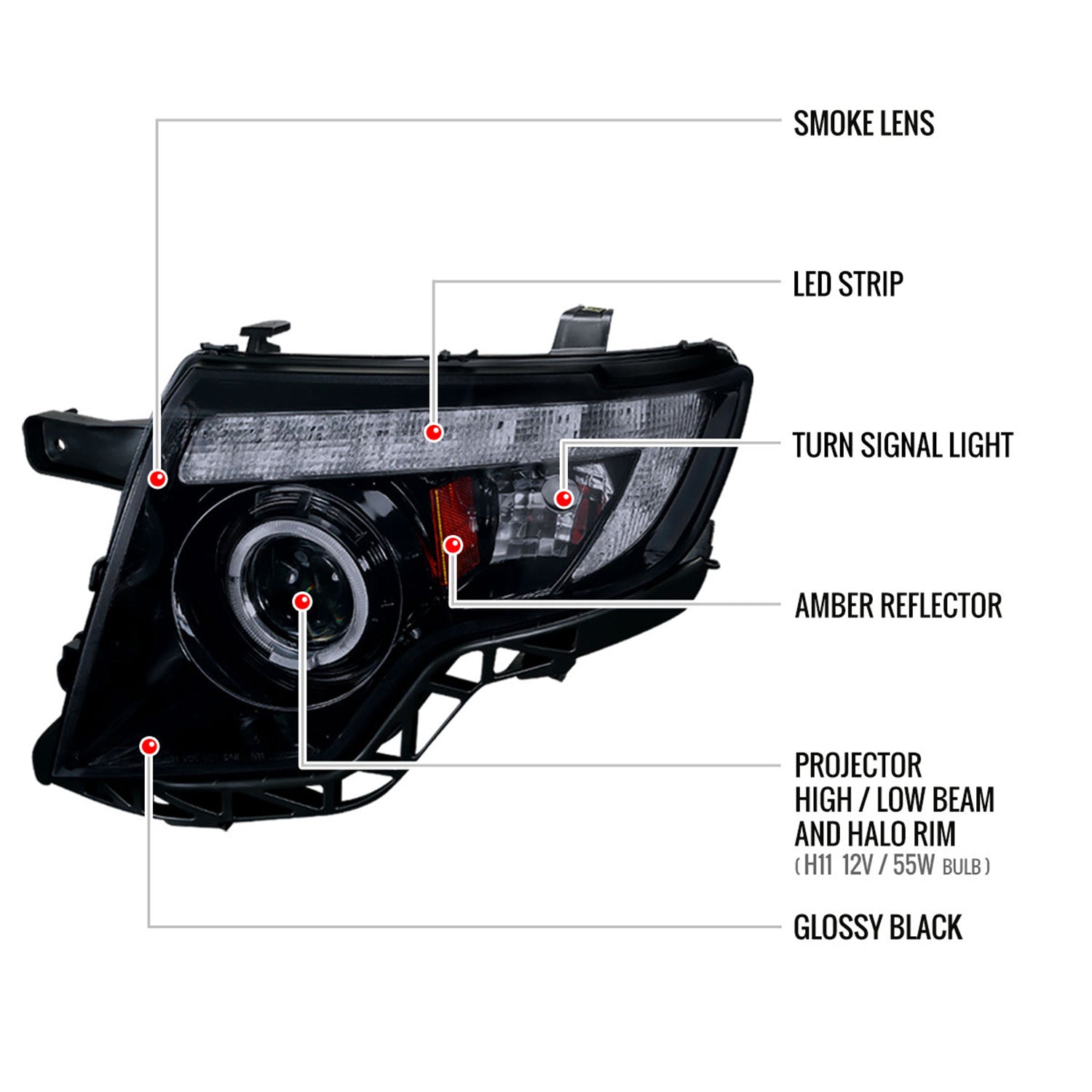 2007-2010 Ford Edge Halo Projector Headlights LED Light Glossy Black/Smoke