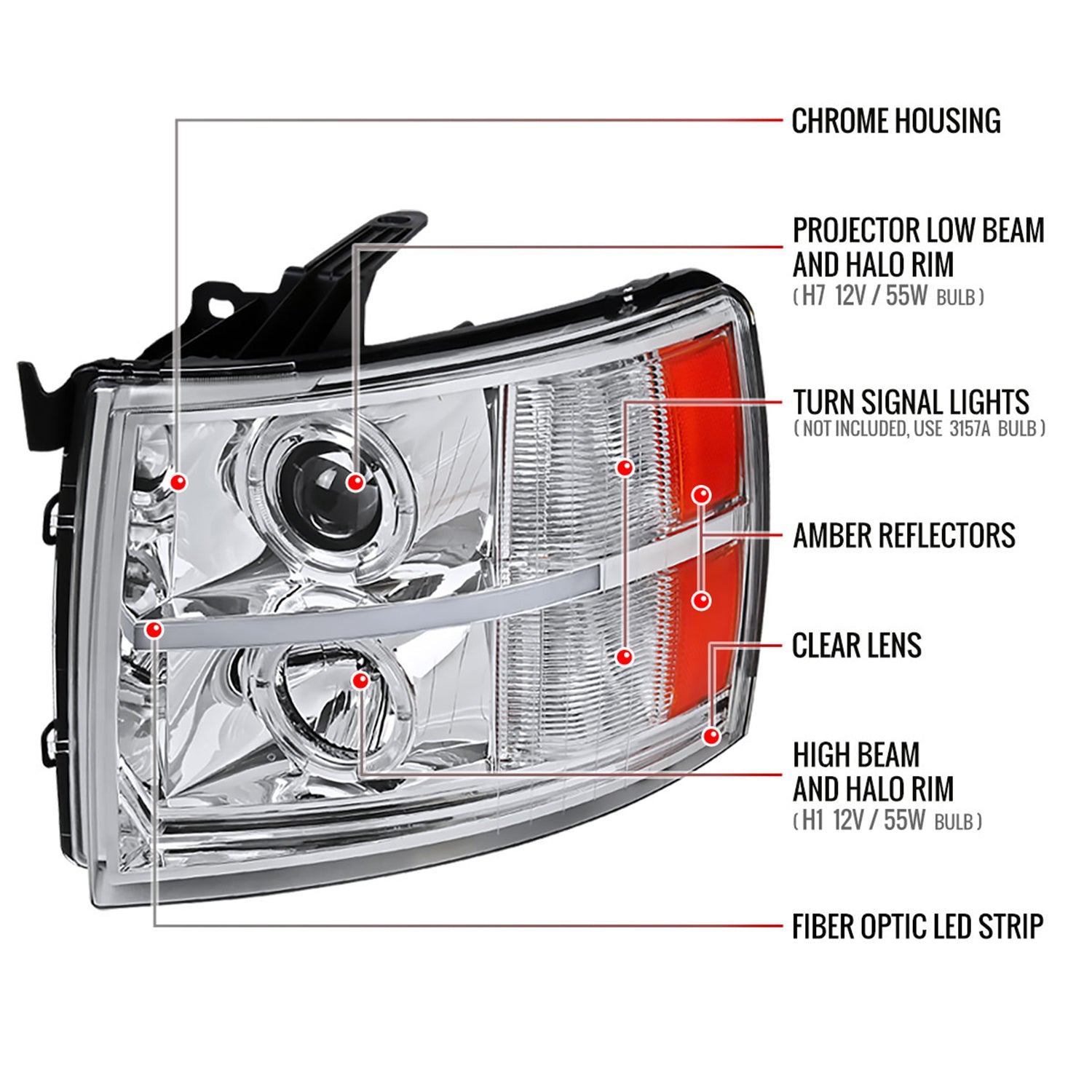 2007-2013 Chevy Silverado 1500 2500HD 3500HD Headlights LED Light Bar Chrome