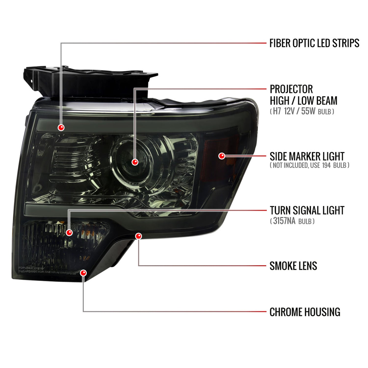 2009-2014 Ford F-150 LED Strip Projector Headlights Chrome/Smoke Lens