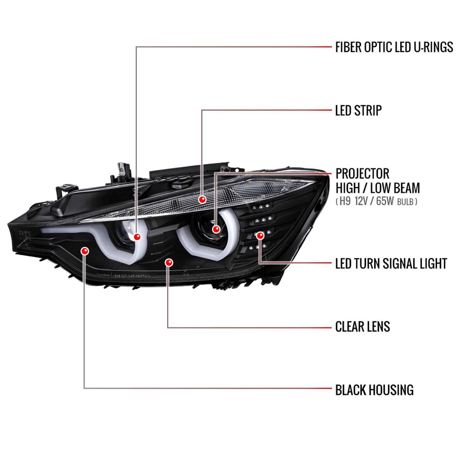 2012-2015 BMW F30 3 Series Sedan Dual U-Bar Headlights LED Signal Lights Black
