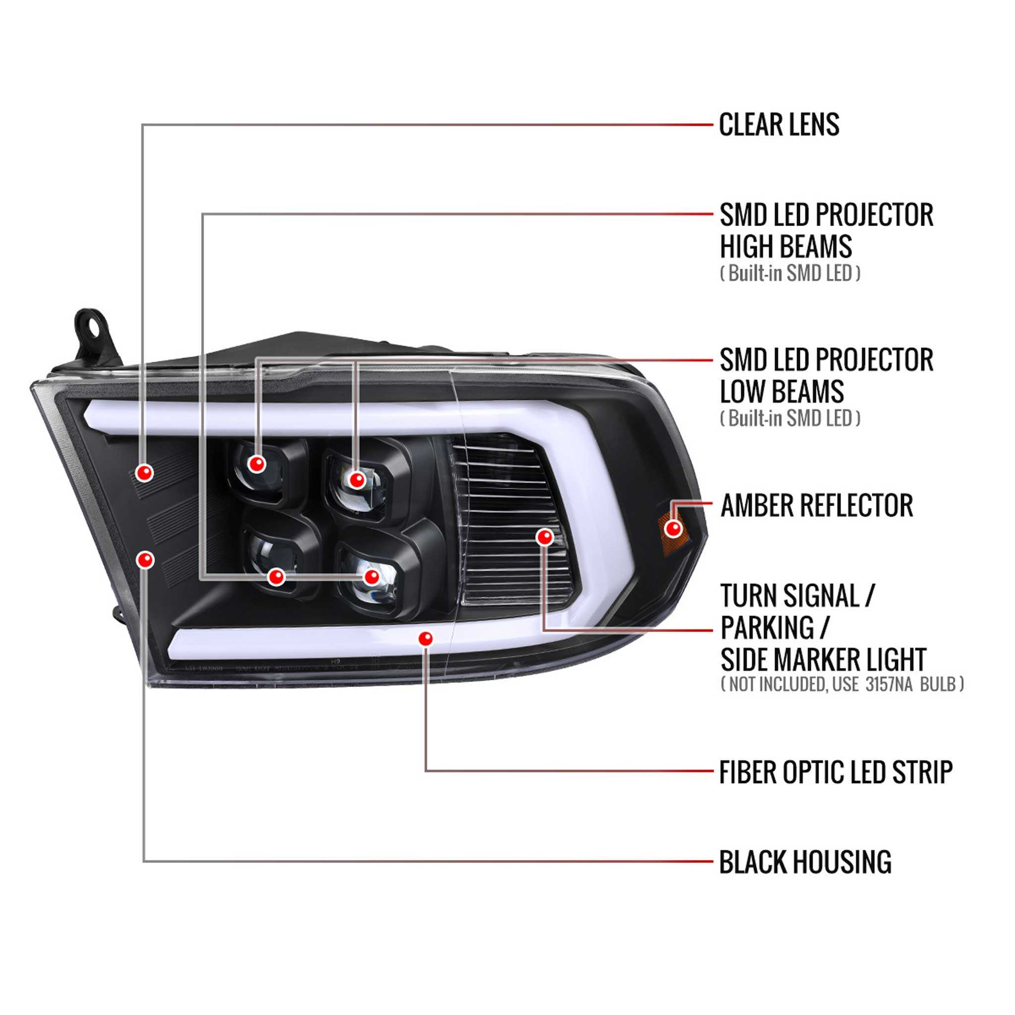 For Dodge RAM 1500 2009-18 / RAM Classic 2019 / 2500 3500 2010-18 LED Bar Turn Signal Projector Headlights Matte Black Housing Clear Lens