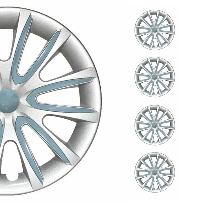 14" Set of 4 Pcs Wheel Covers Silver with Blue Hub Caps fit R15 Steel Rim