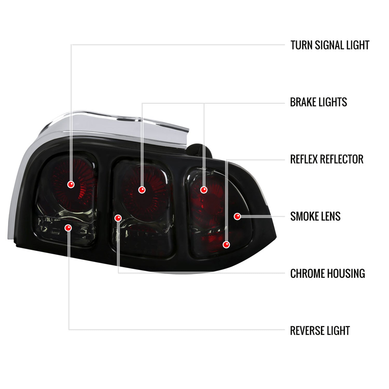 1994-1998 Ford Mustang Tail Lights Chrome Housing/Smoke Lens