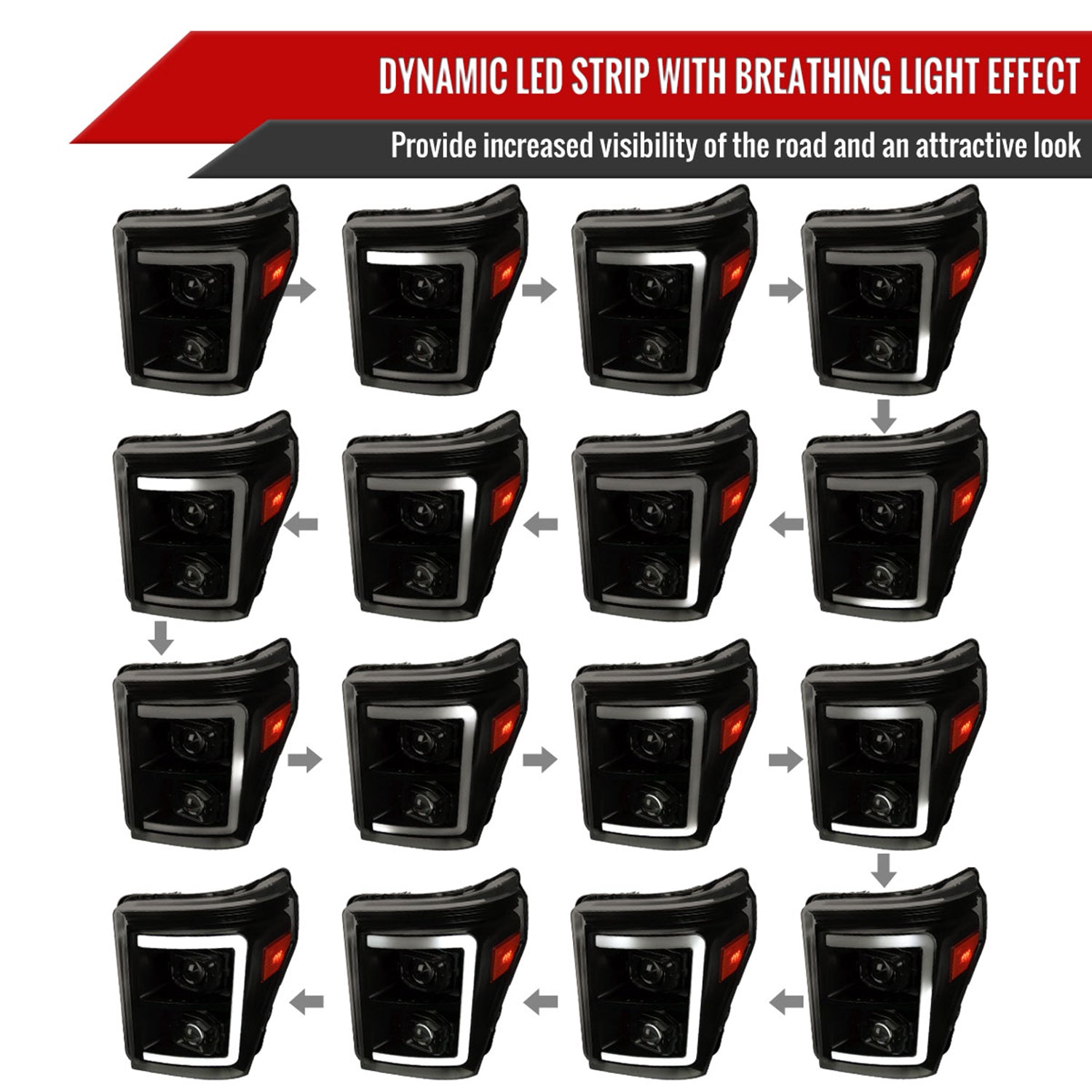 2011-2016 Ford F-250 F-350 F-450 F-550 LED CBar Projector Headlights Smoke