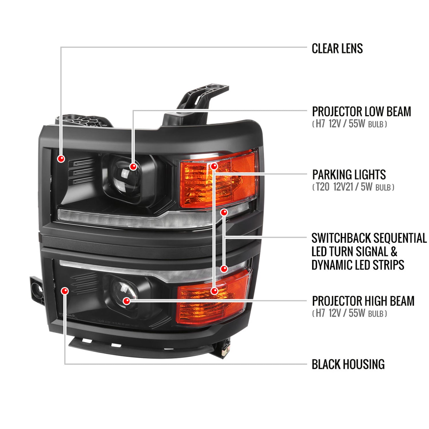 2014-2015 Chevy Silverado 1500 LED Bar Projector Headlights Black/Black Trim