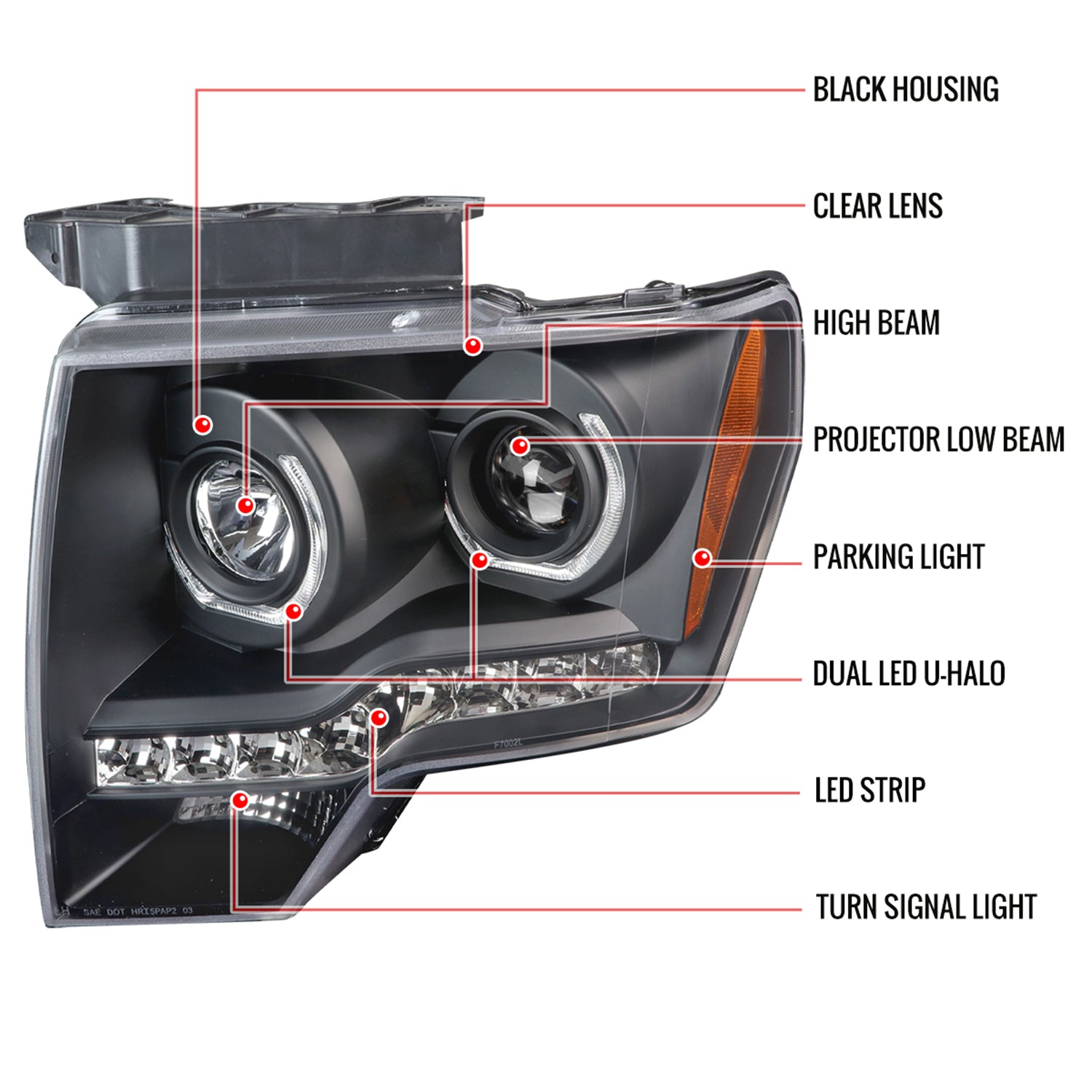 2009-2014 Ford F-150 Dual U-Ring Halo Projector Headlights LED Light Black