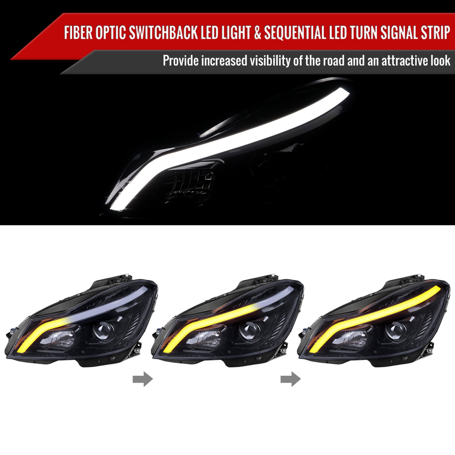 2012-2014 Mercedes-Benz W204 C-Class LED Bar Projector Headlights Smoke