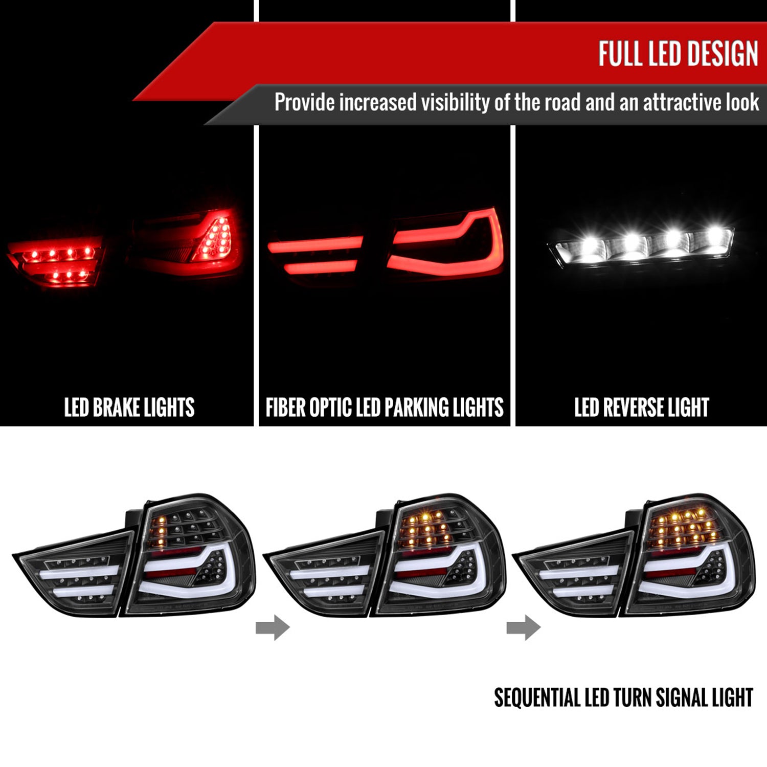 2009-2011 BMW E90 3-Series 4Dr Sedan Red LED Tail Light Matte Black/Clear Lens