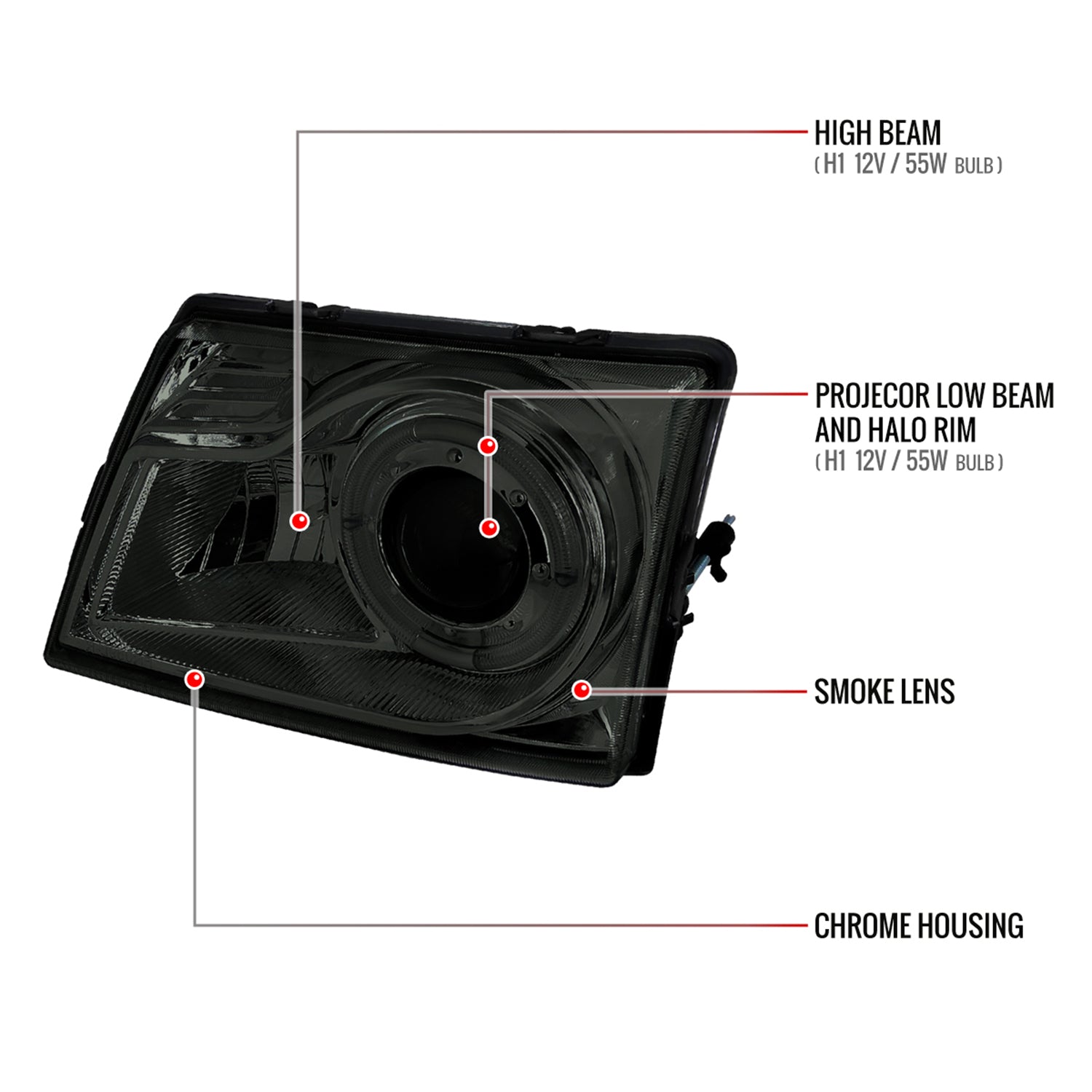 1998-2000 Ford Ranger Halo Projector Headlights Chrome Housing/Smoke Lens