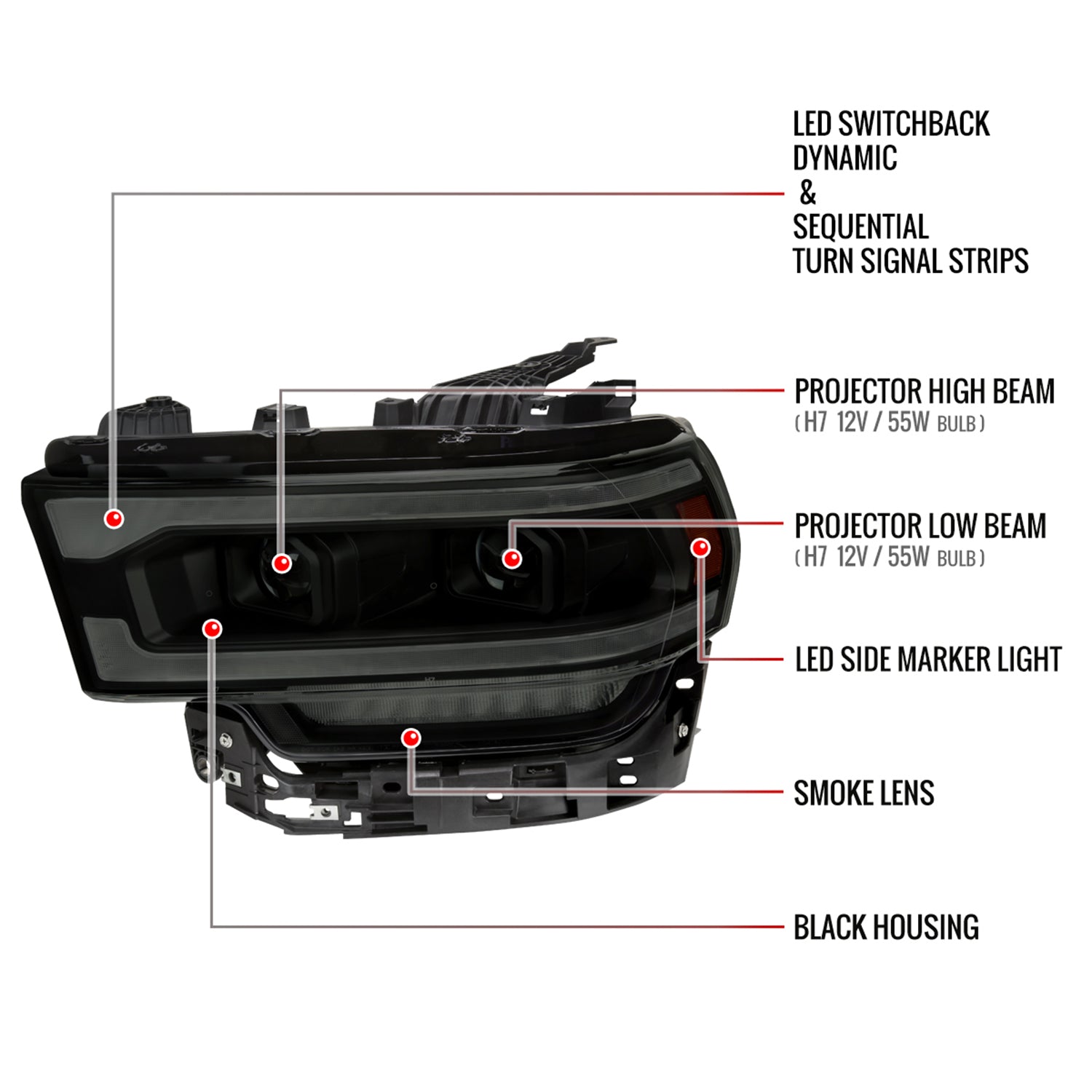 2019-2024 Dodge RAM 2500/3500/4500/5500 LED Signal Projector Headlights Smoke