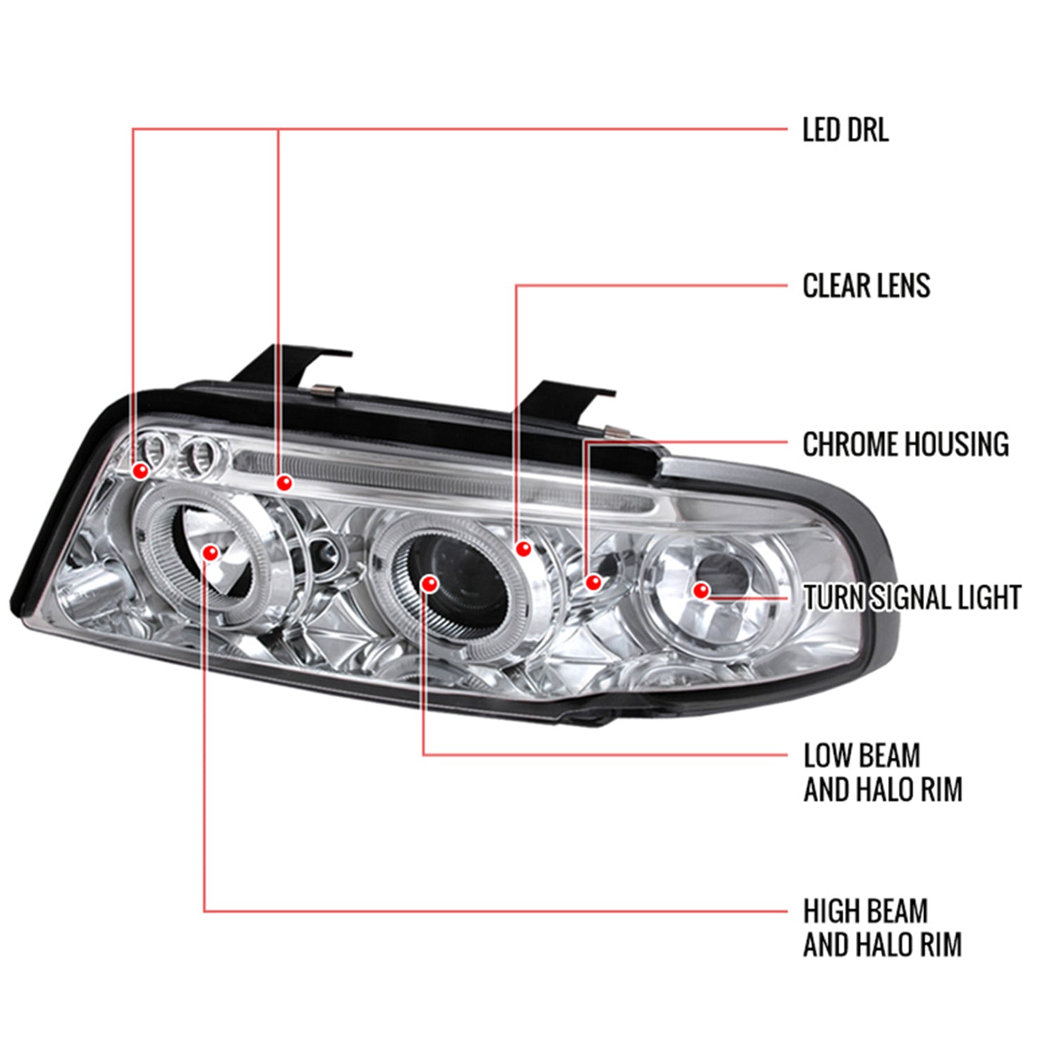 1996-1999 Audi A4 Dual Halo Projector Headlights Chrome Housing/Clear Lens