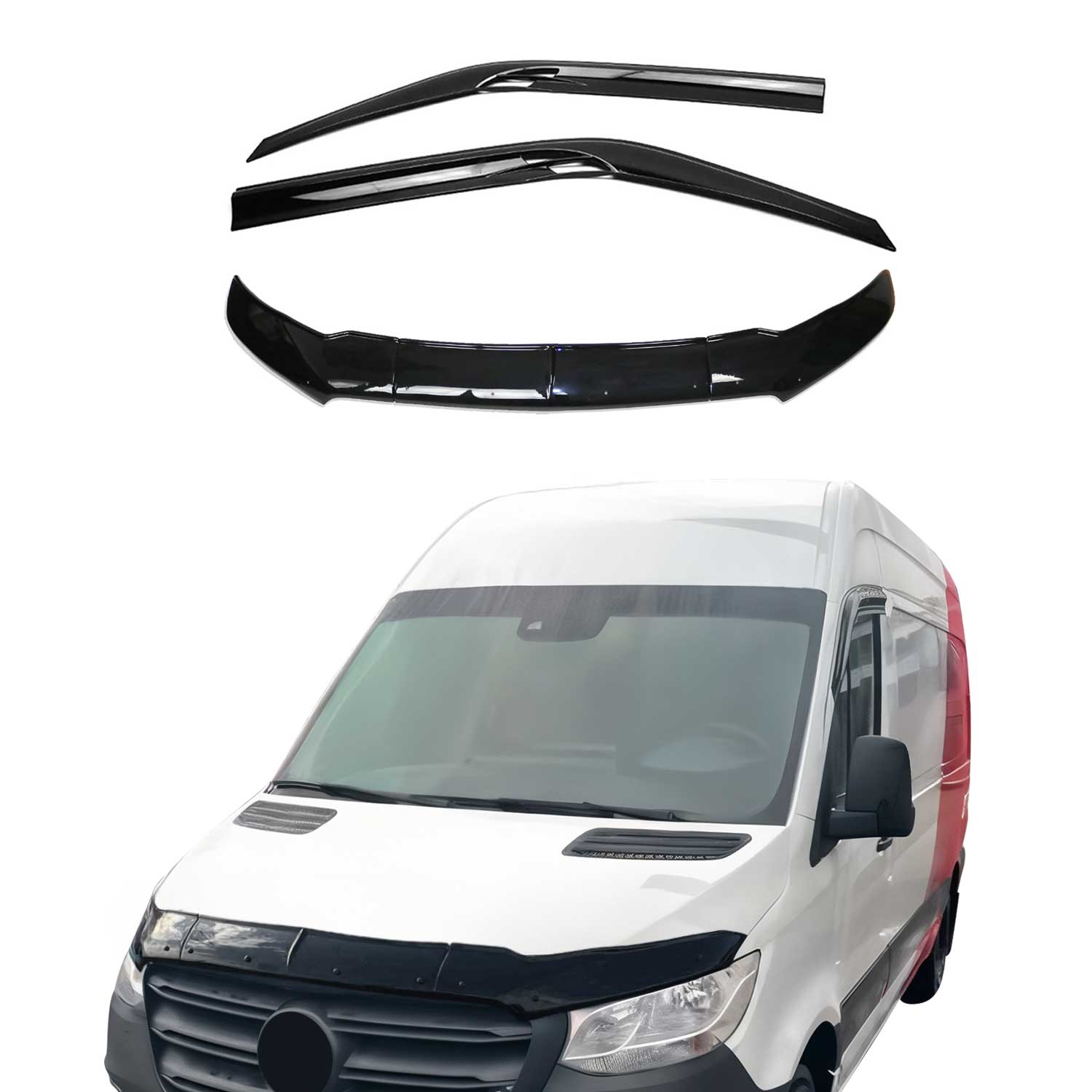 2019-2025 Mercedes Sprinter W907 910 Bug Shield Deflector & Window Visor Kit 3Pcs Smoke
