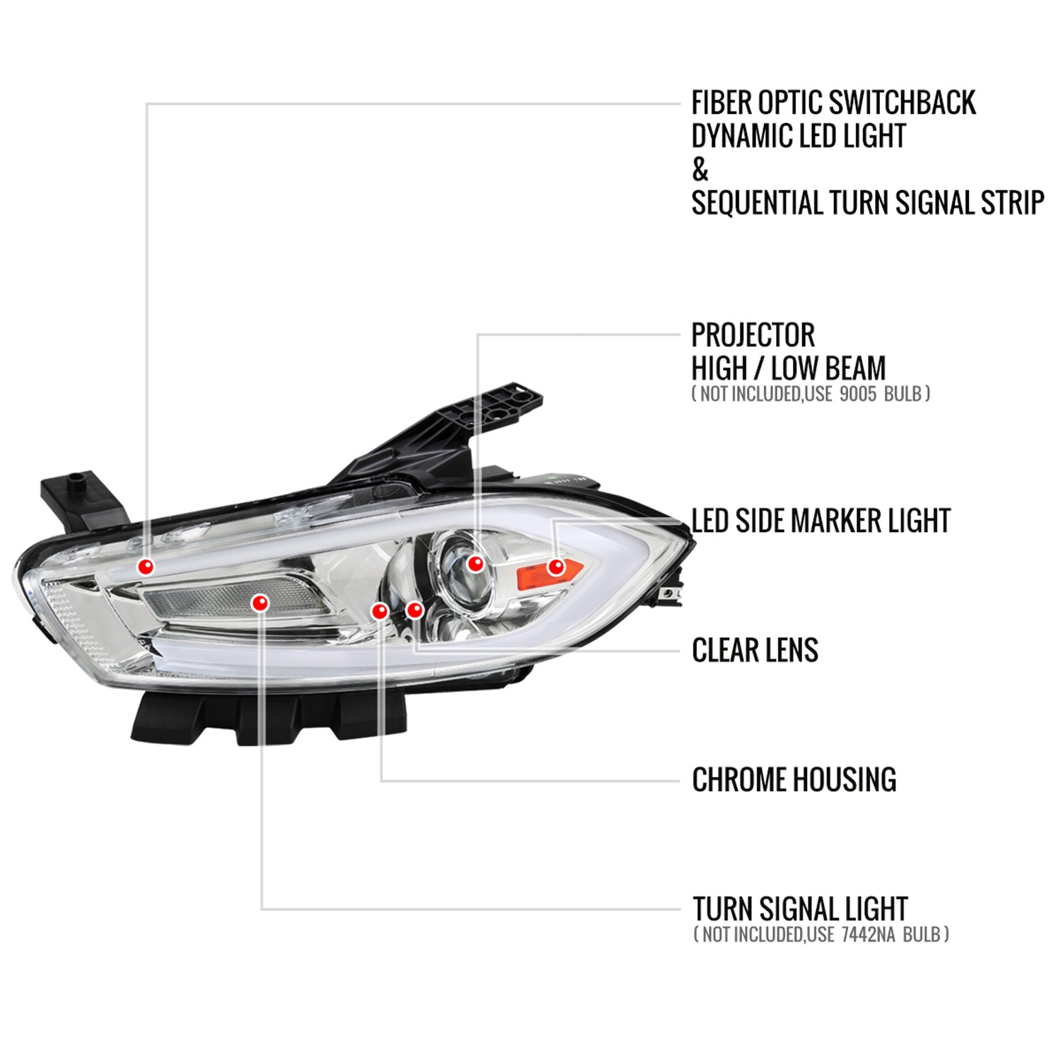 2013-2016 Dodge Dart Sequential Animated LED Bar Projector Headlights Chrome