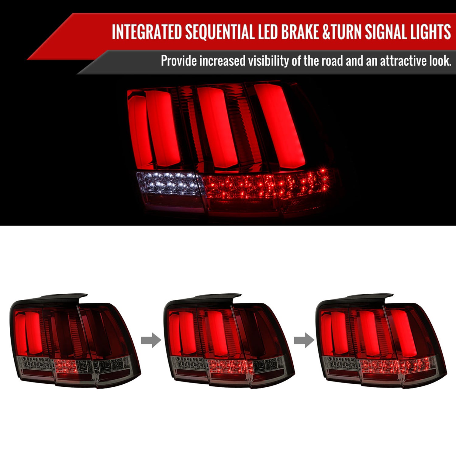 1999-2004 Ford Mustang Sequential LED Tail Lights Chrome/Red Smoke Lens