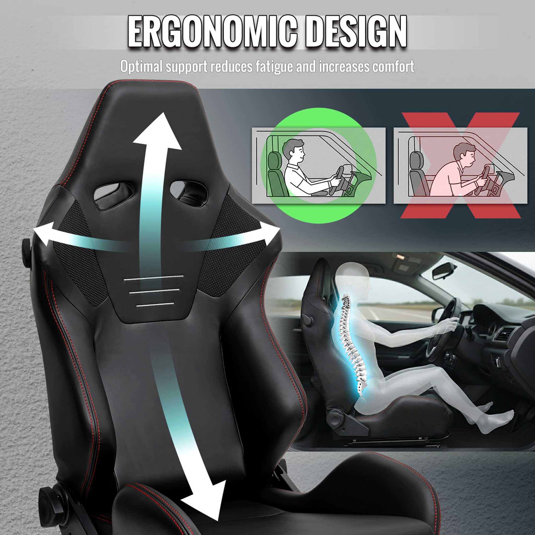 Universal Racing Seat Black Pu Nappa With Double Red Stitch