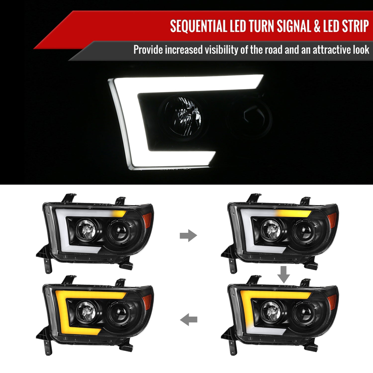 2007-2013 Toyota Tundra/ 08-2017 Sequoia LED C-Bar Headlights Signal Black