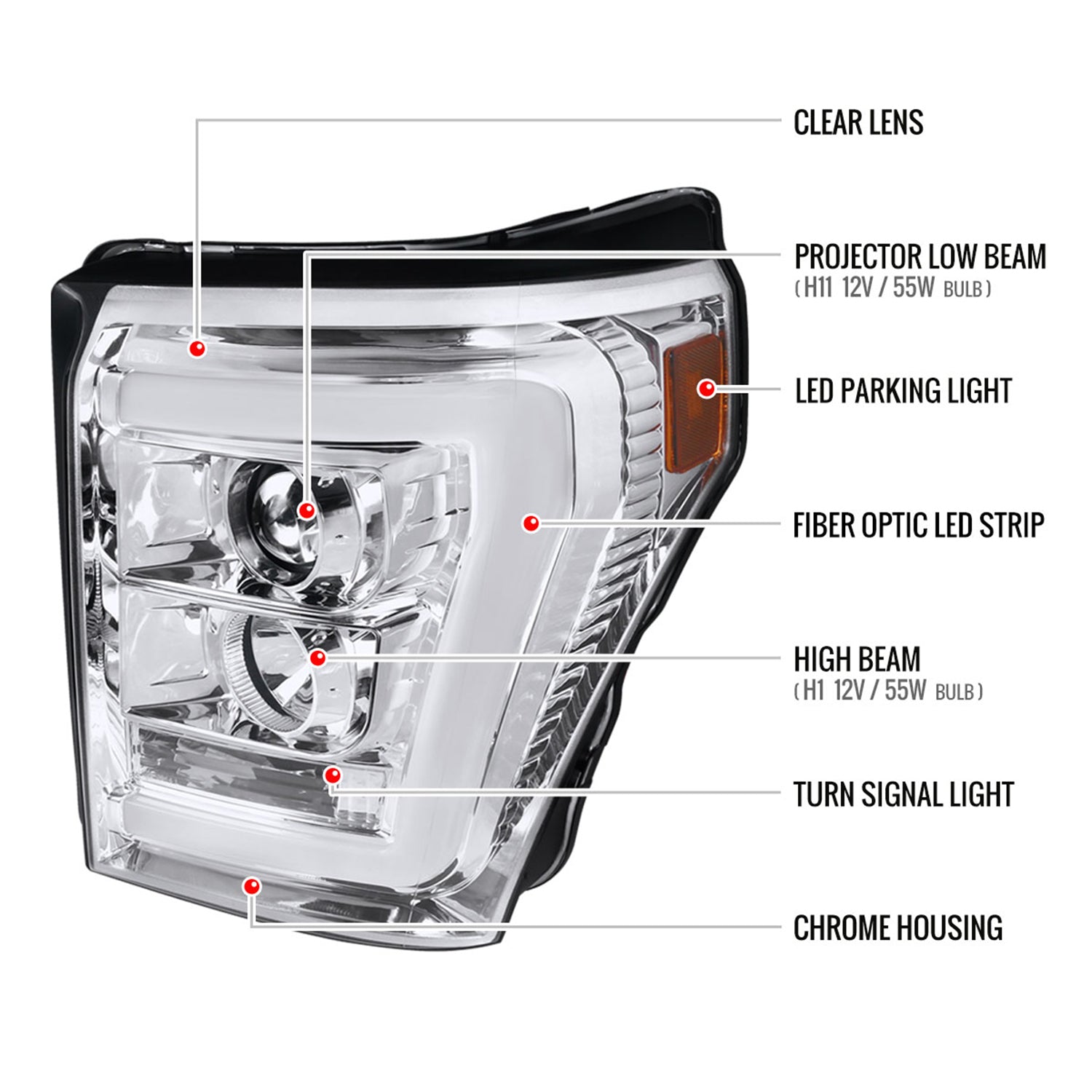 2011-2016 F-250/F-350/F-450/F-550 LED C-Bar Projector Headlights Chrome/Clear